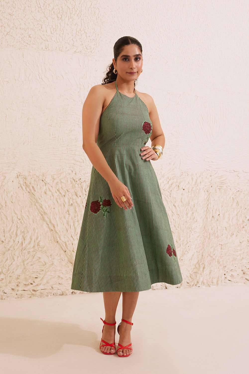 Teal Halter Neck Striped Floral Print Midi Dress