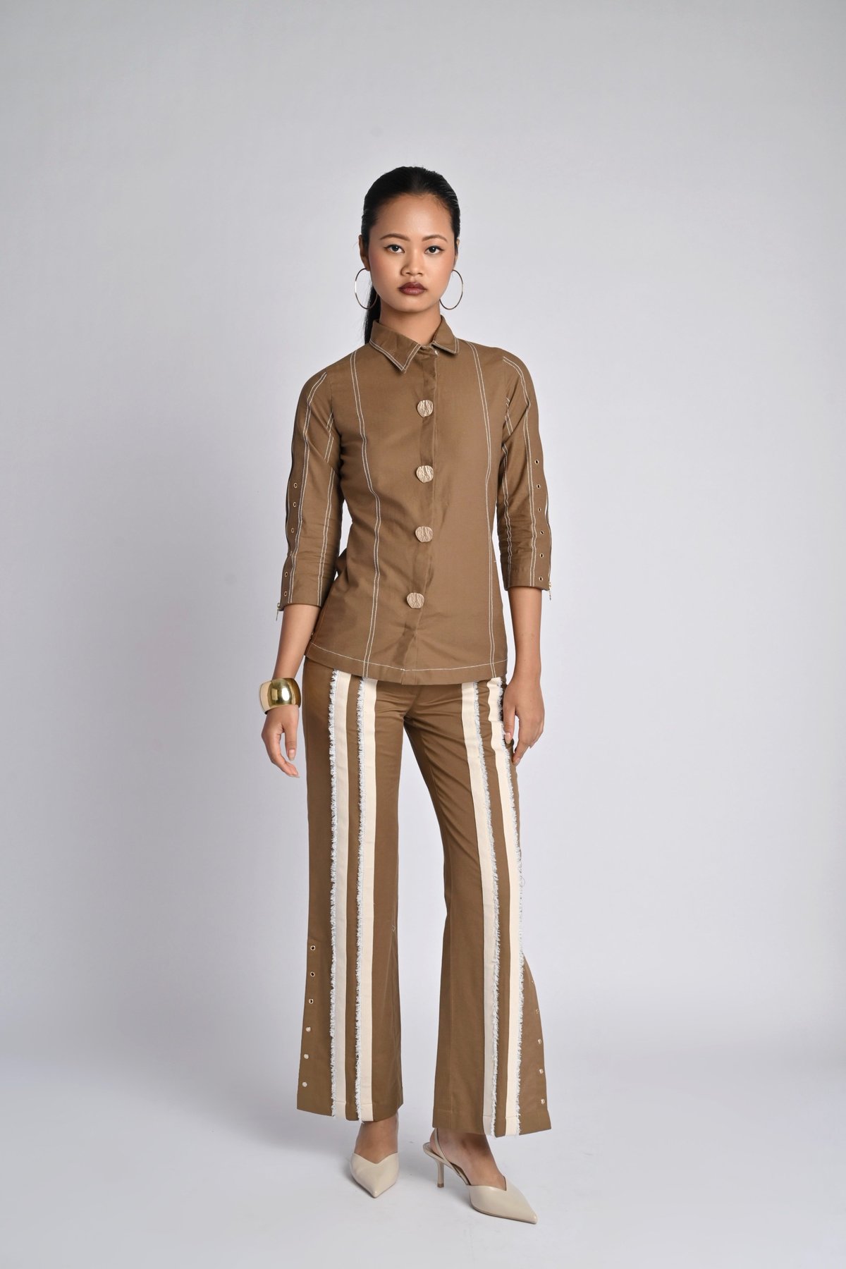 Rust High-Waist Flared Trousers with Contrast Panels