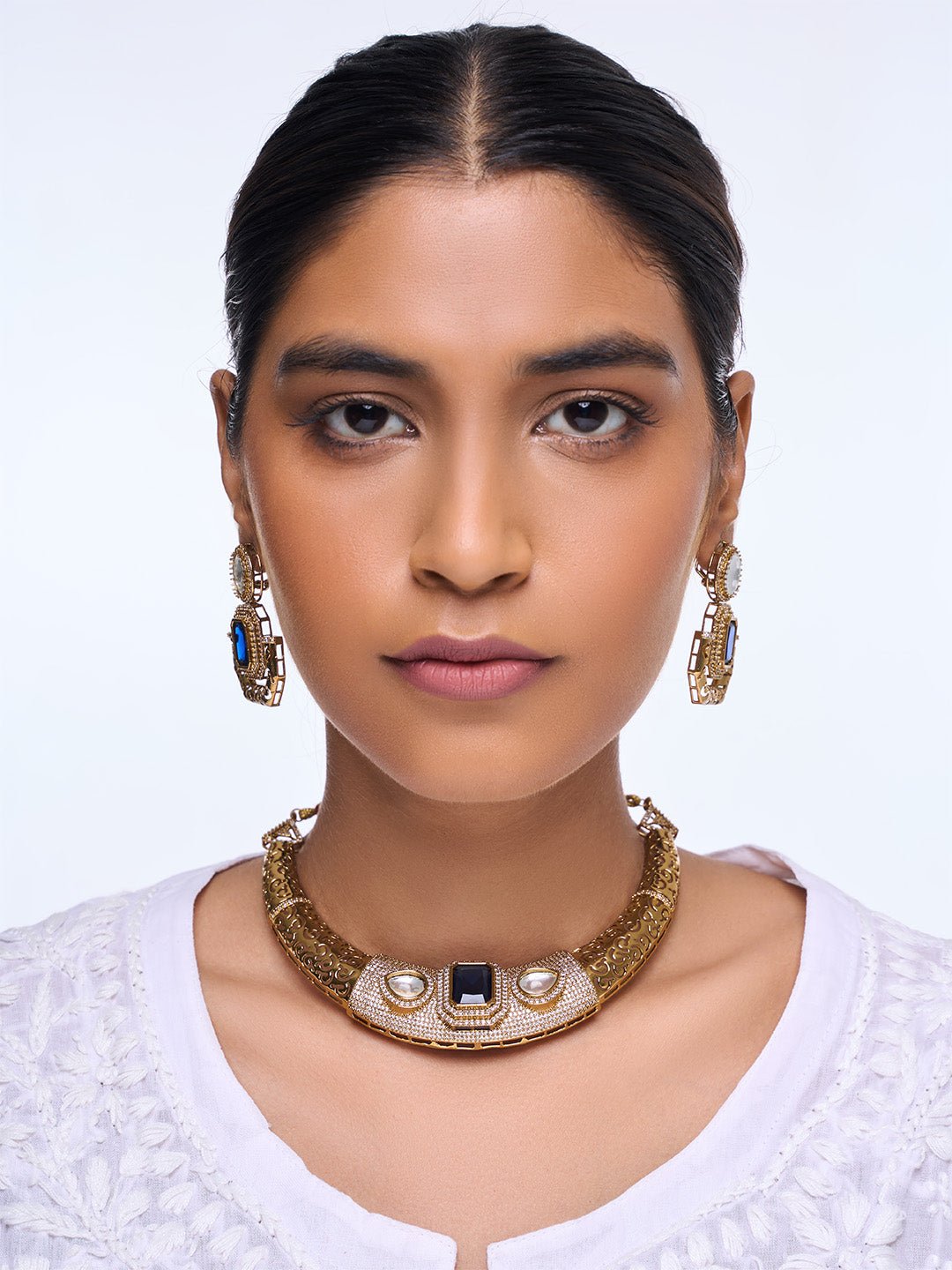 Designer Golden CZ Hasli with Blue Stone Necklace