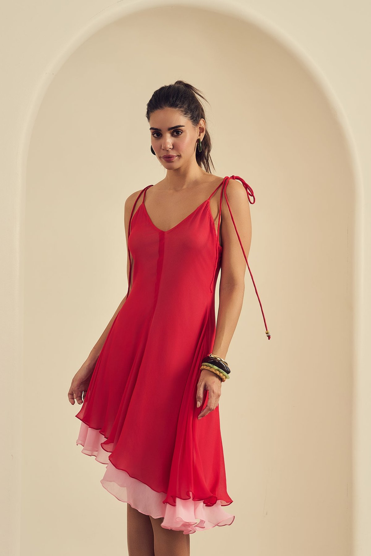 Red and Pink Asymmetrical Layered Georgette Dress