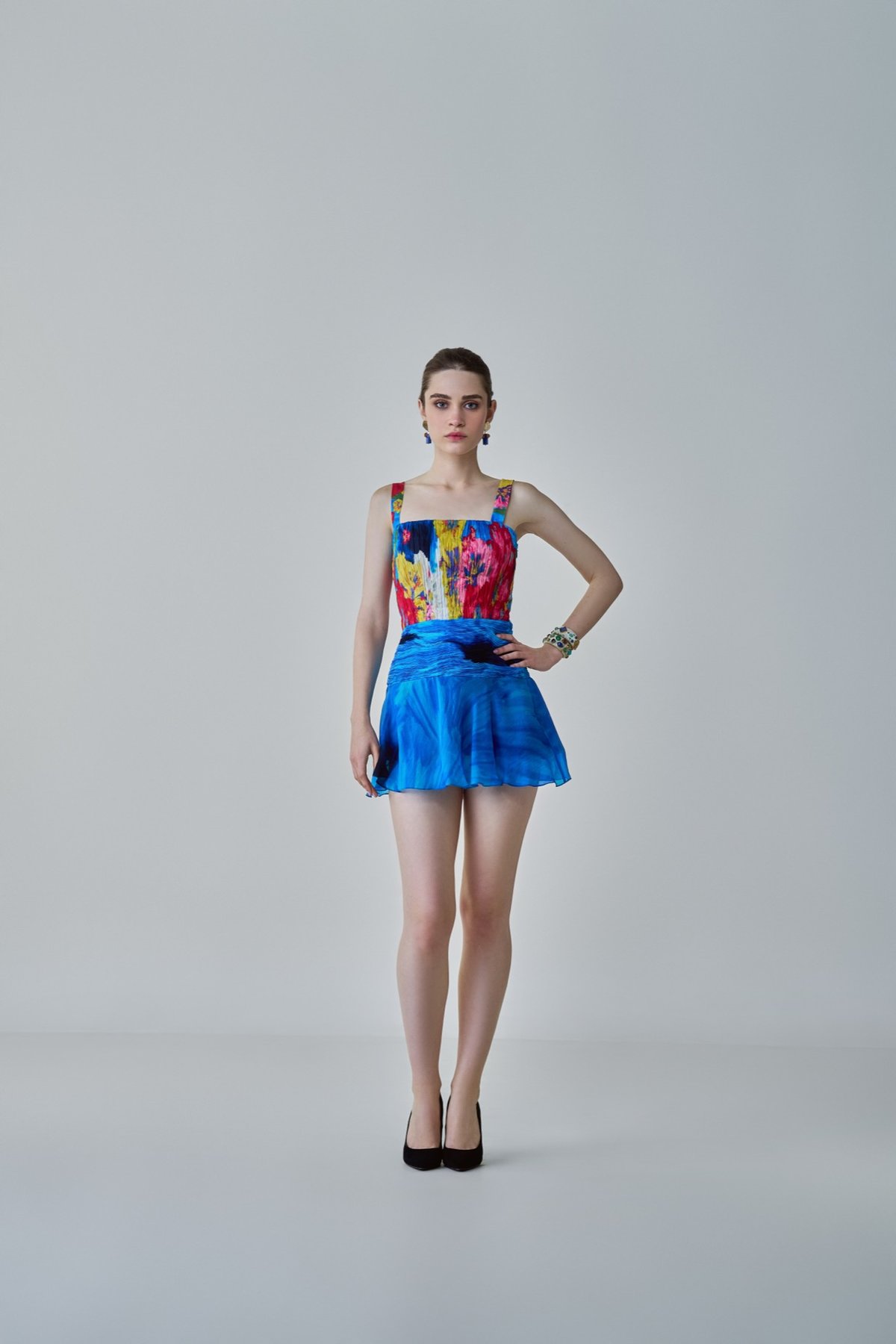 Blue/Multi Floral Square Neck Chiffon Mini Dress