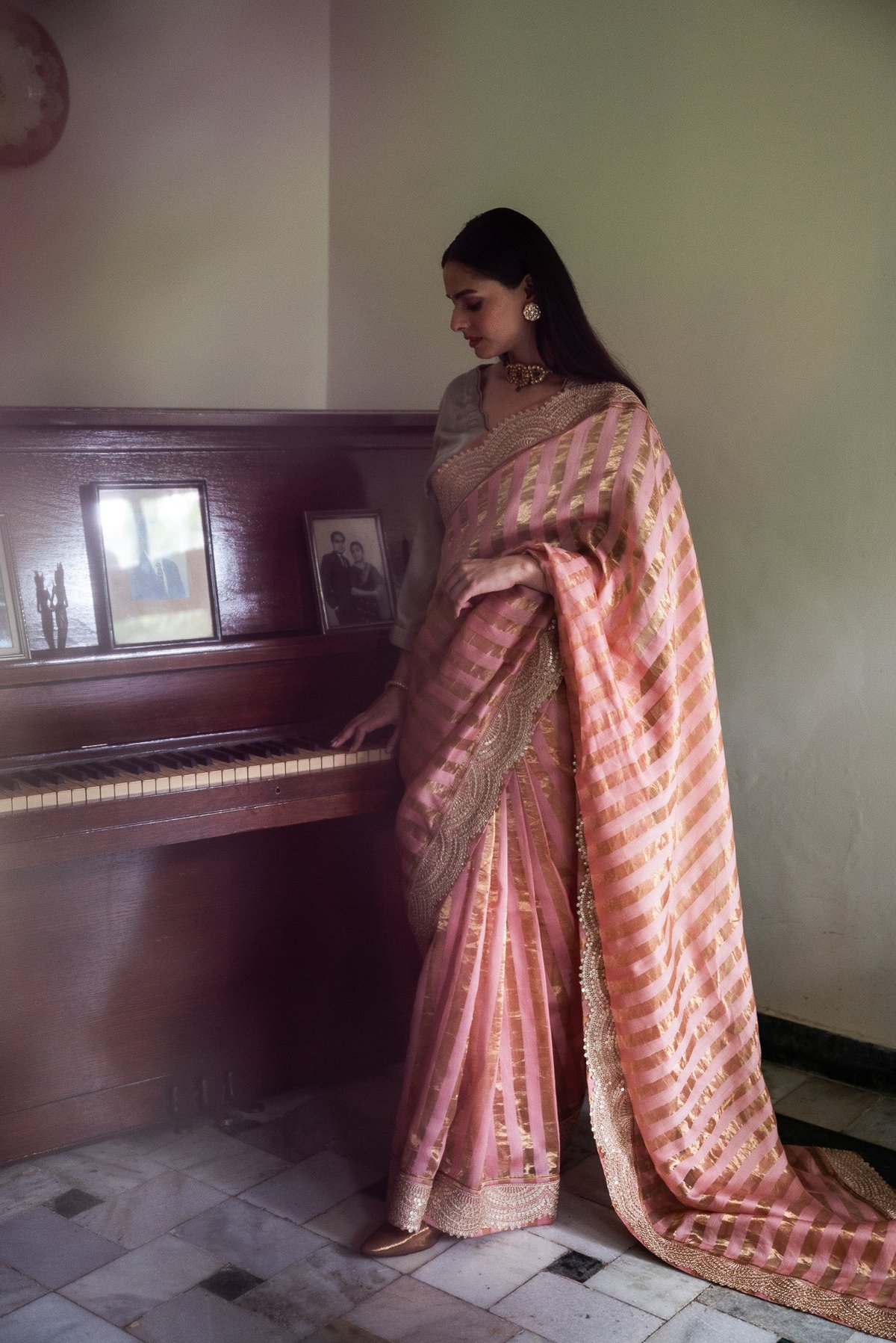 Nusrat Handloom Zari Stripe Saree In Rose Pink