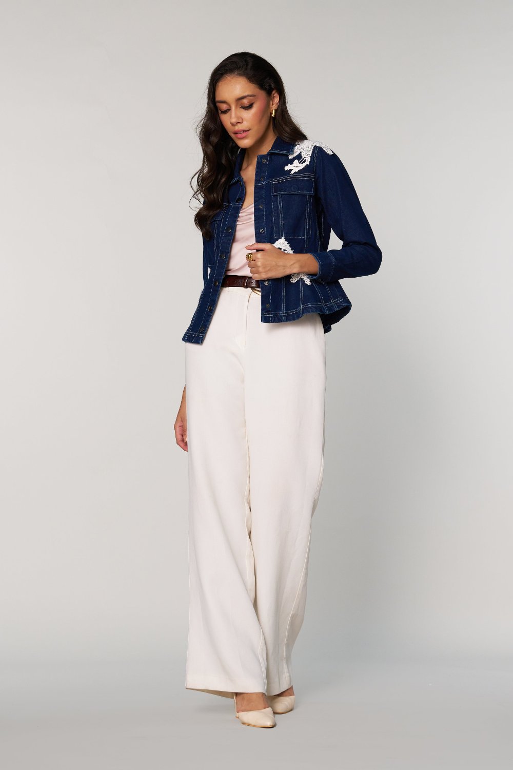 Blue Denim Jacket with White Lace Applique