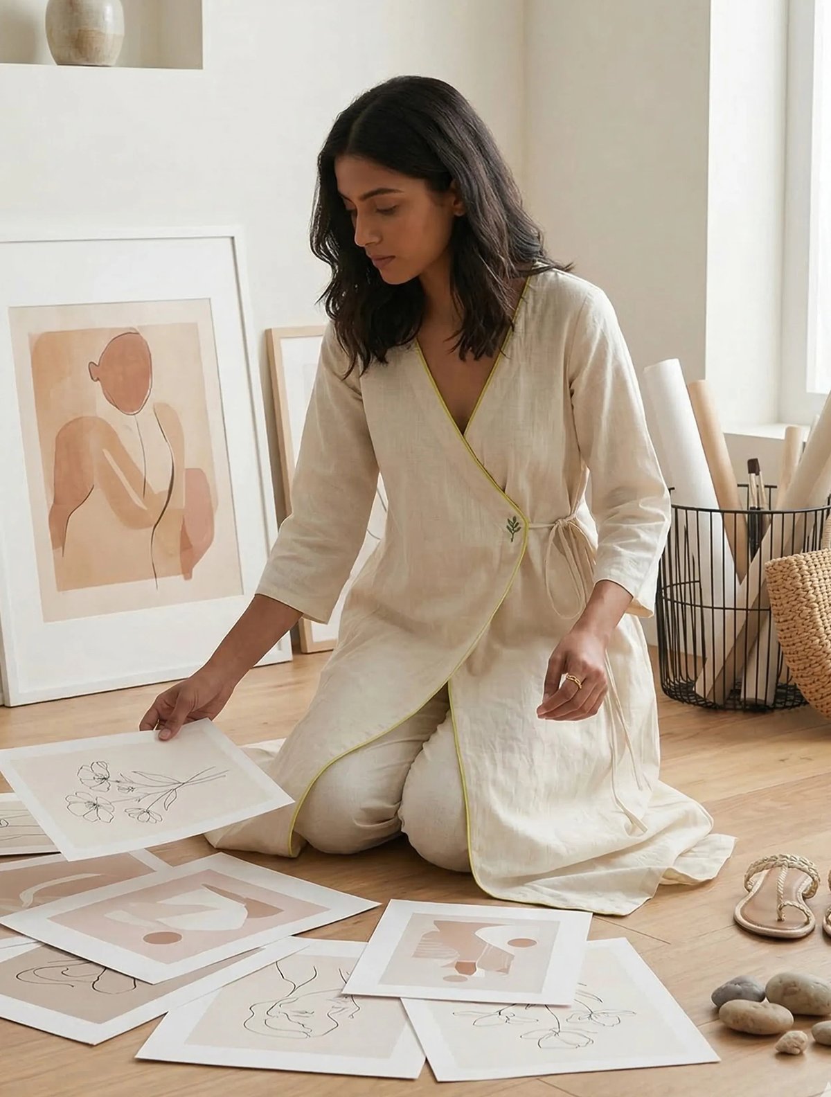 Off White Cotton Linen Angrakha Kurta Pant Set