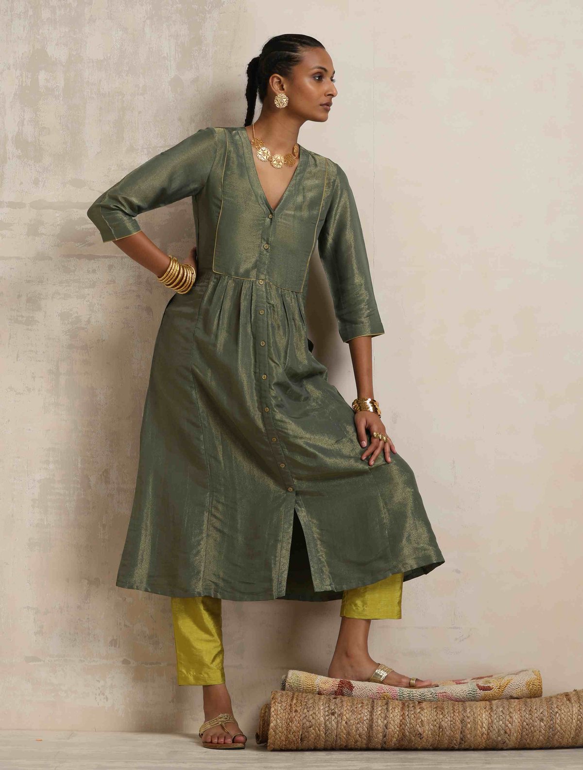 Green Tissue A-Line Kurta Set with Button Front