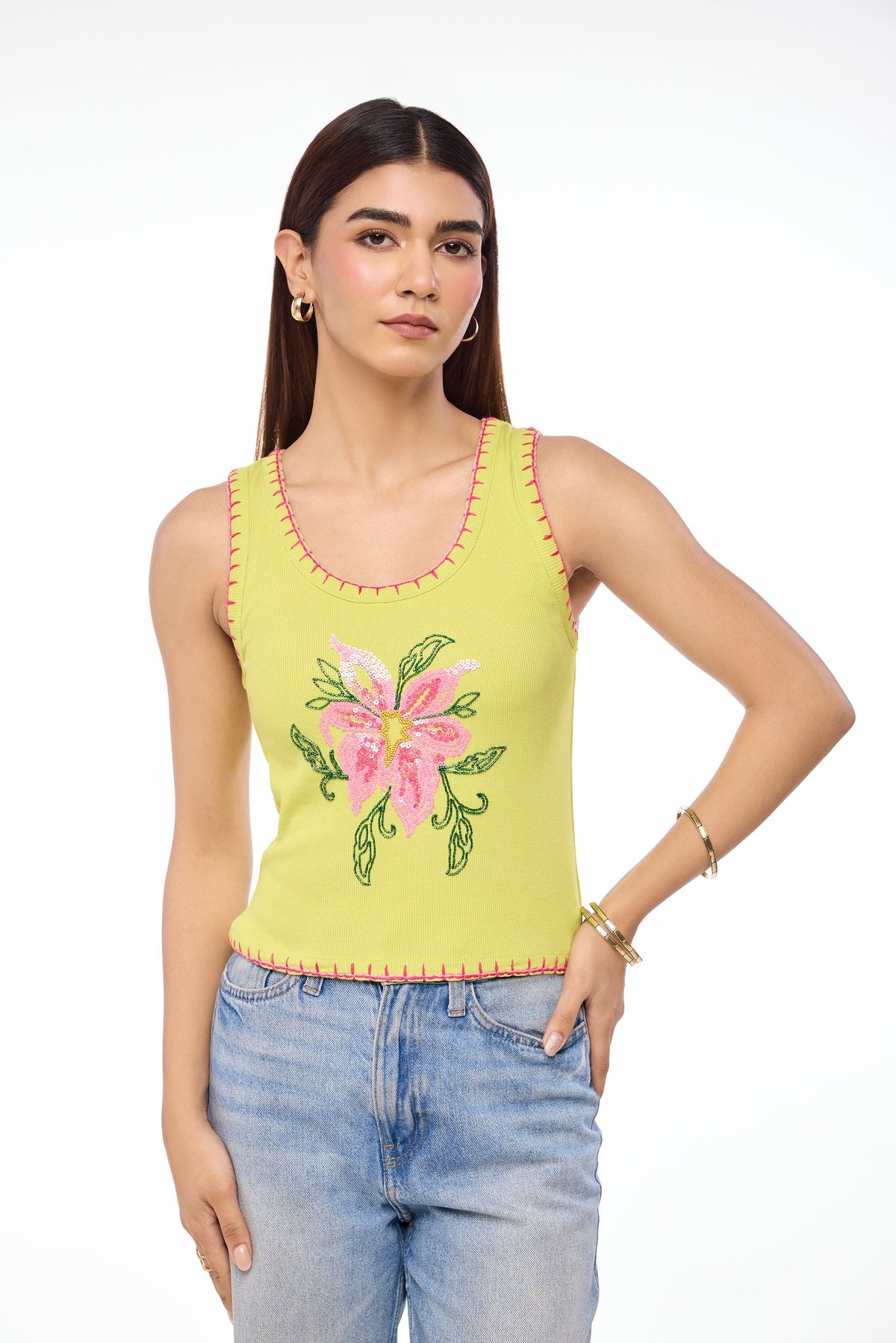 Green Rib-Knit Embroidered Tank Top