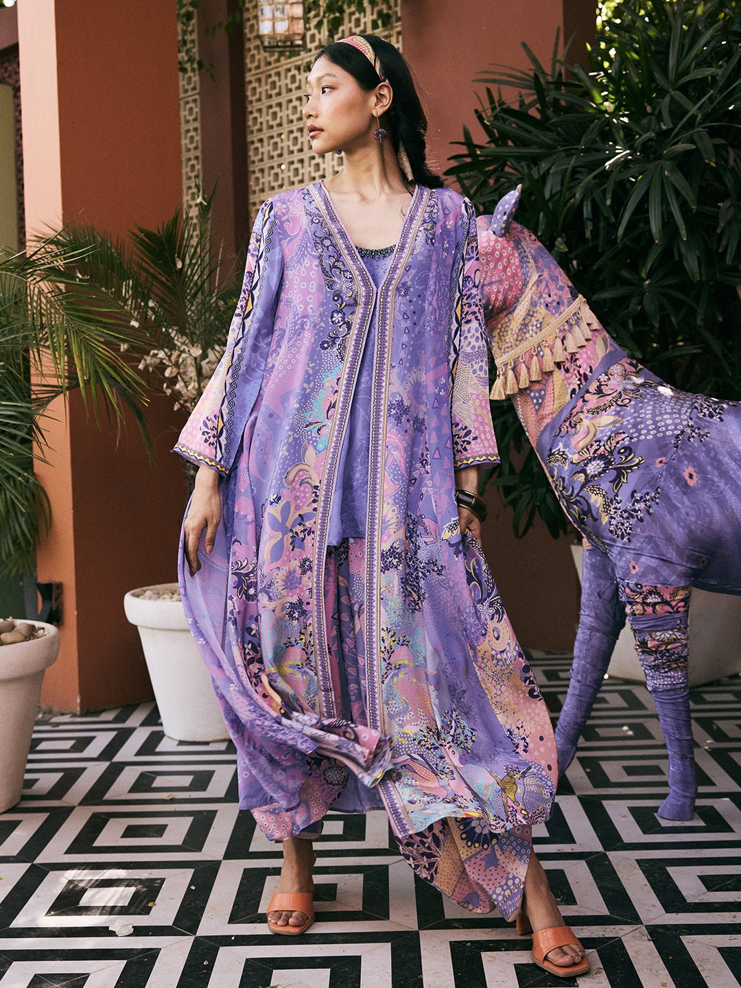 Purple Longline Printed Open-Front Jacket