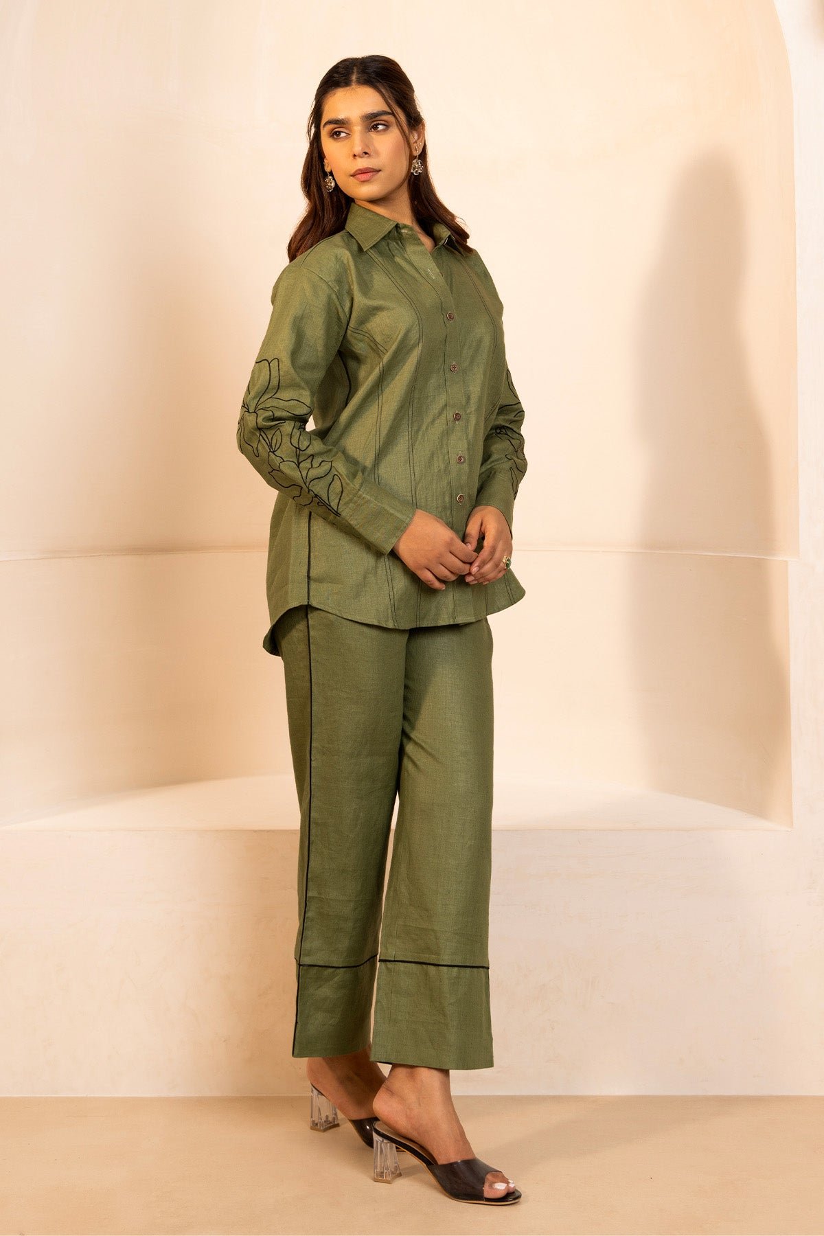 Olive Hemp Shirt and Straight Pants Co-ord Set