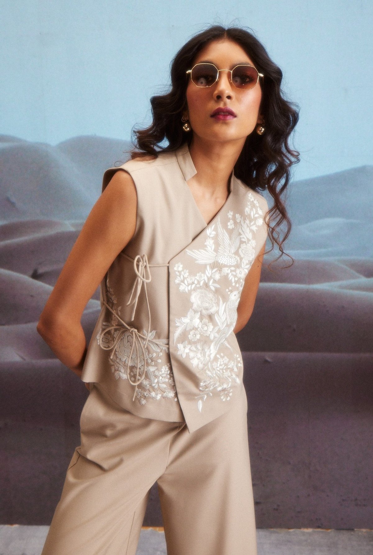 Khaki/Beige Embroidered Wrap Vest Top with Tie-Ups