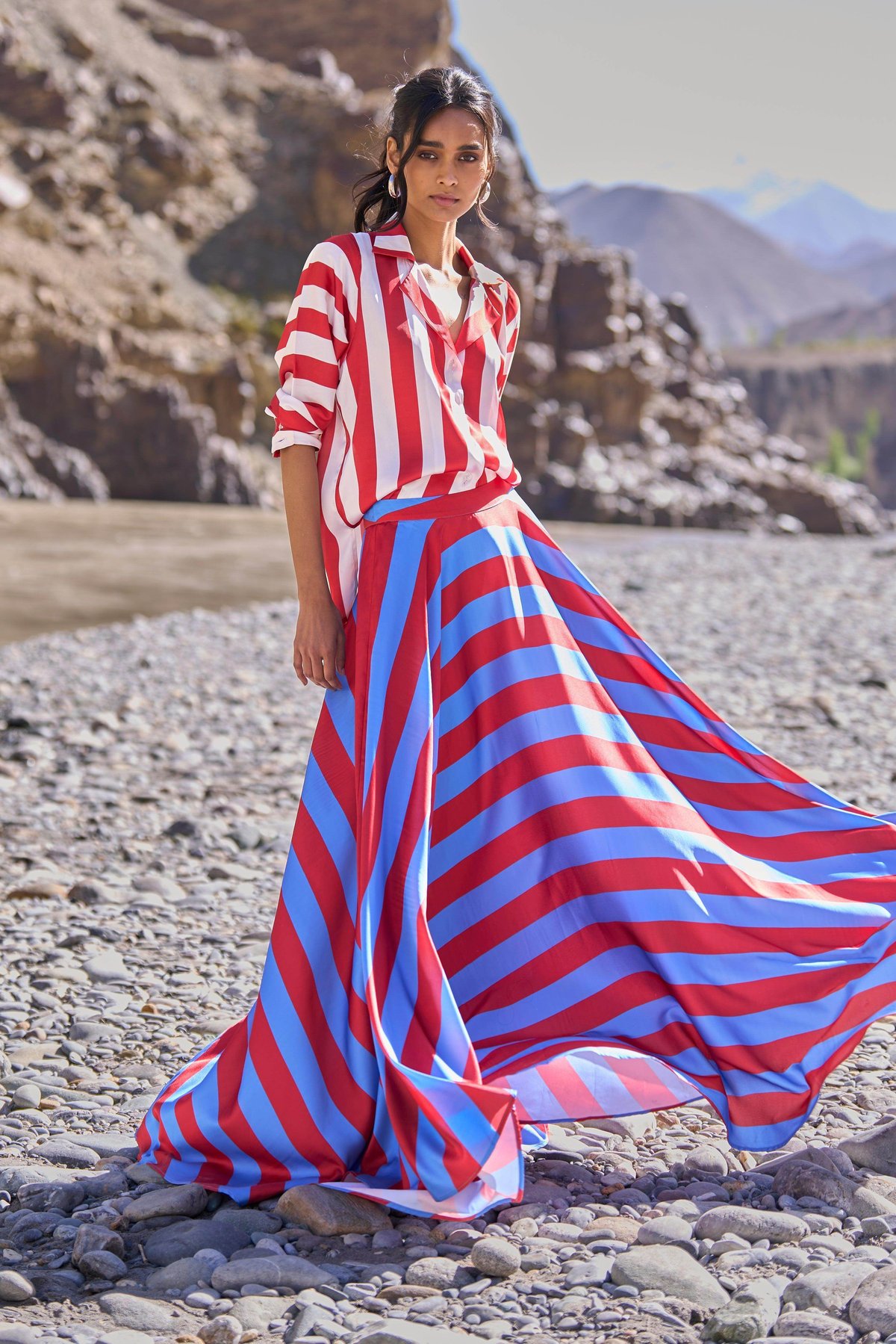 Red/Blue Striped Flowy Maxi Skirt with Side Zip