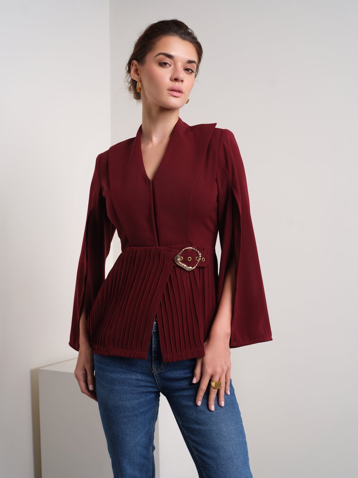 Burgundy V-Neck Peplum Blouse with Cape Sleeves