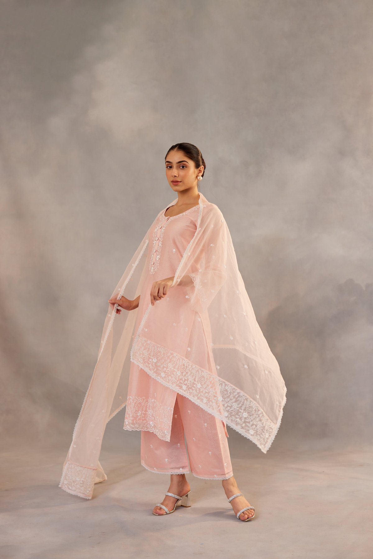 Peach Embroidered Straight Kurta Set with Dupatta