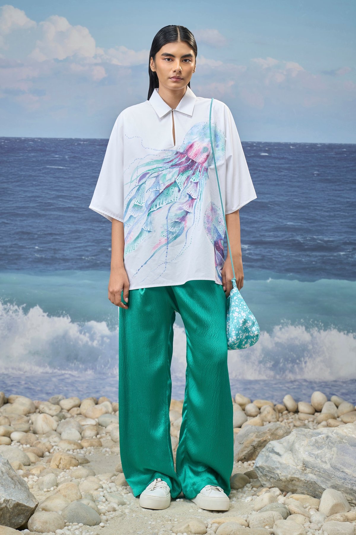 White Oversized Giza Cotton Poplin Printed Shirt Top