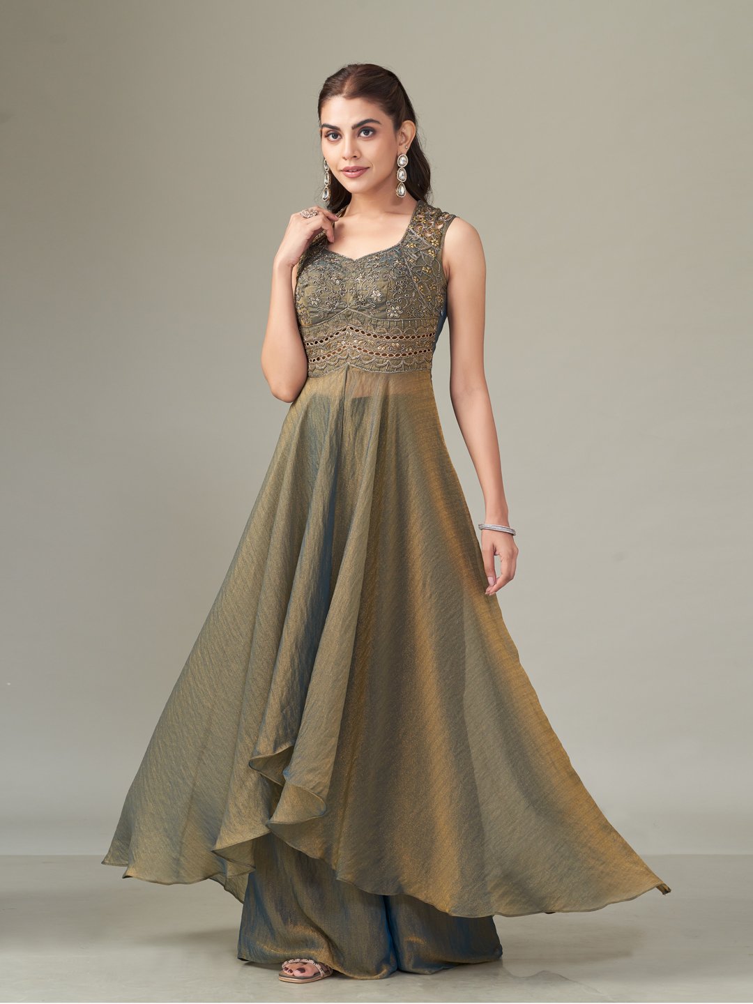 Moss Green Shimmer Chiffon Embroidered Co-ord Set
