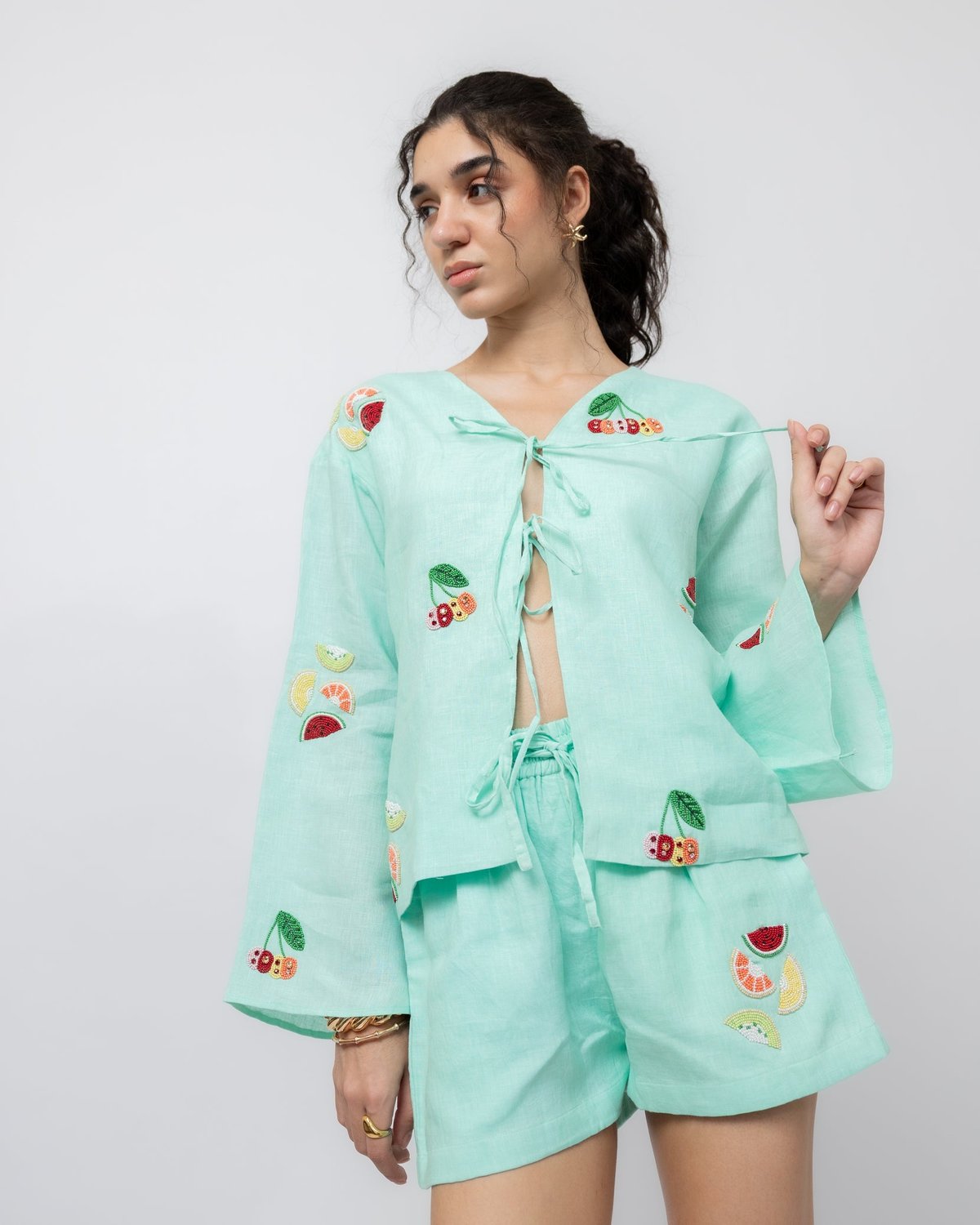 Aquamarine Linen Tie-Front Embroidered Top