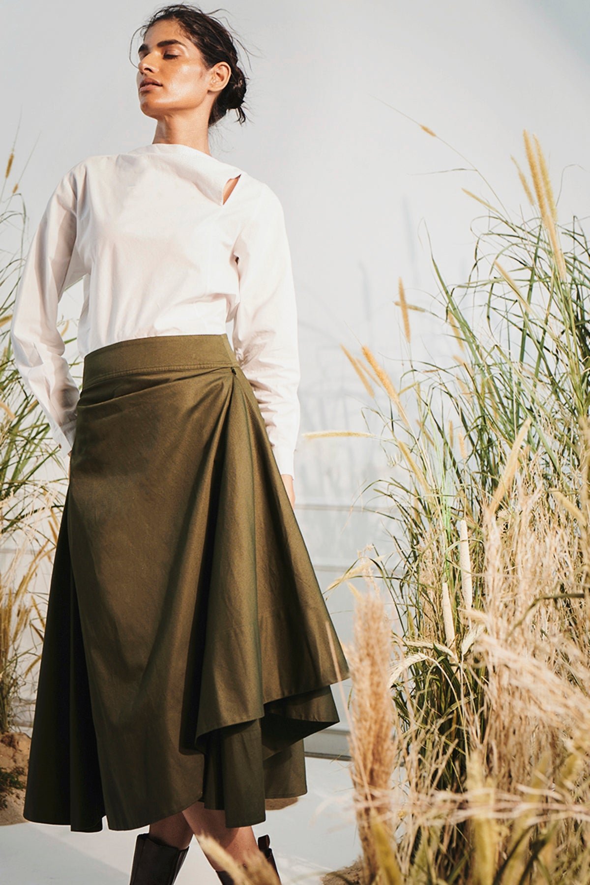 Dark Green Cotton Twill Wrap Midi Skirt