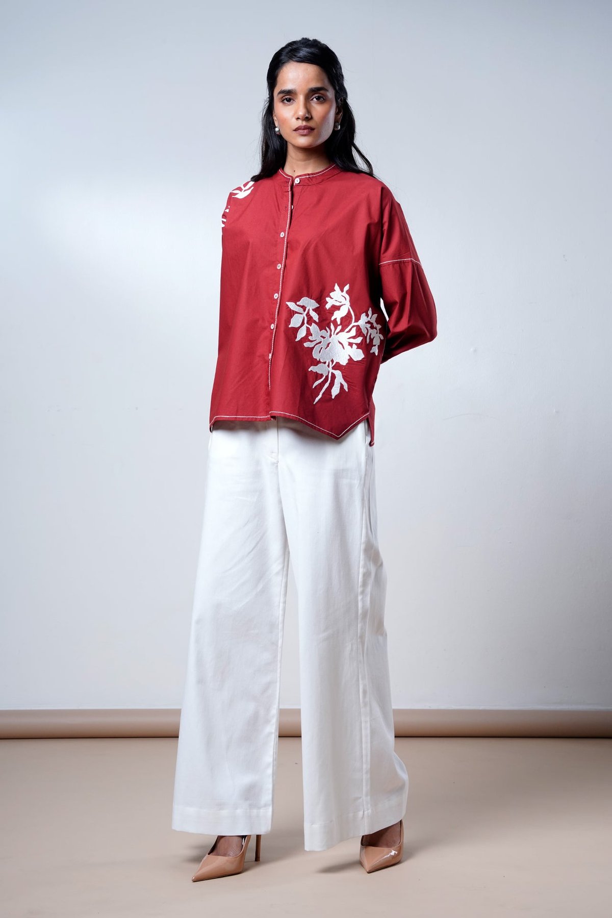 Red Embroidered Shirt and Wide-Leg Pants Co-ord Set