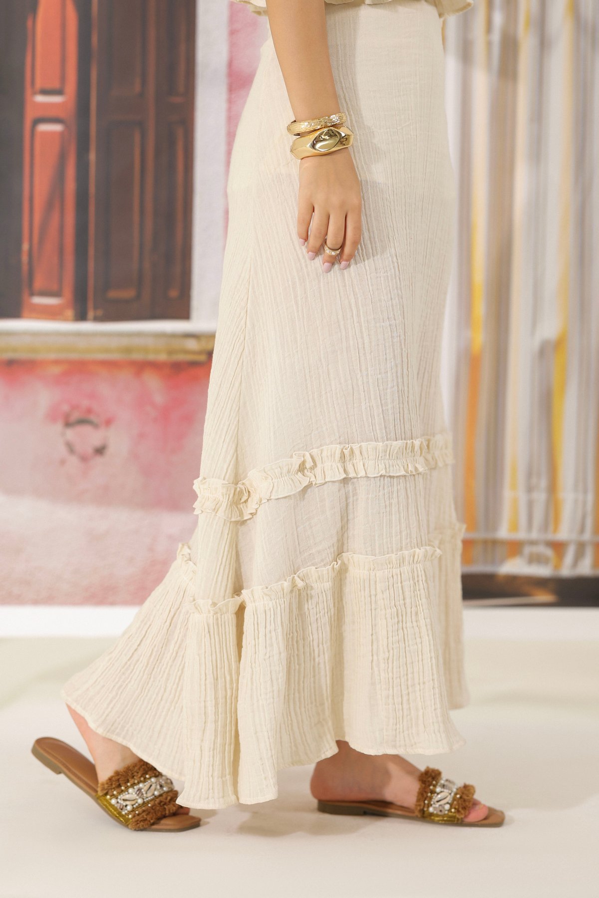 Beige Cotton Tiered Maxi Skirt with Ruffle Hem