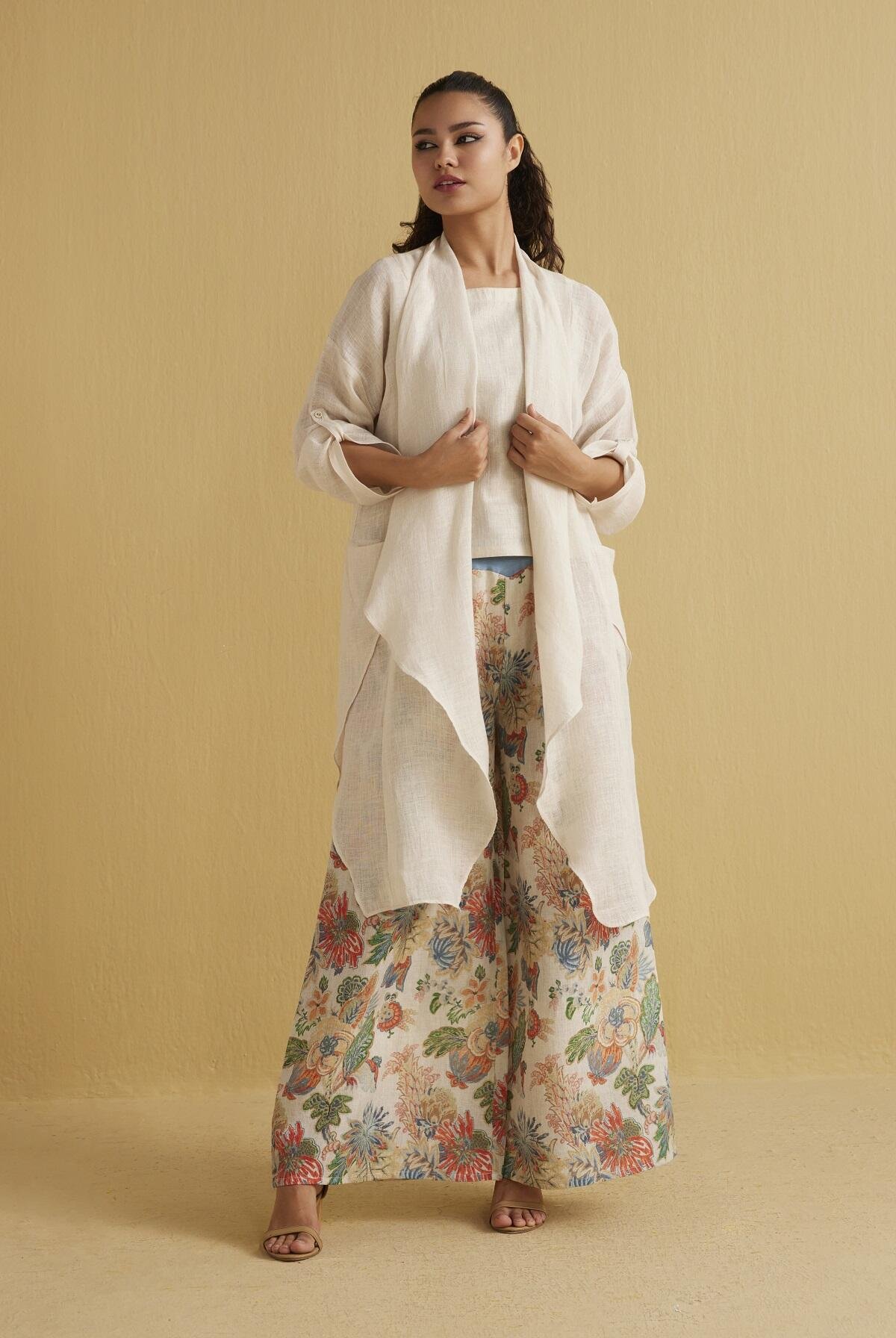 Beige Linen Draped Cape with Pockets