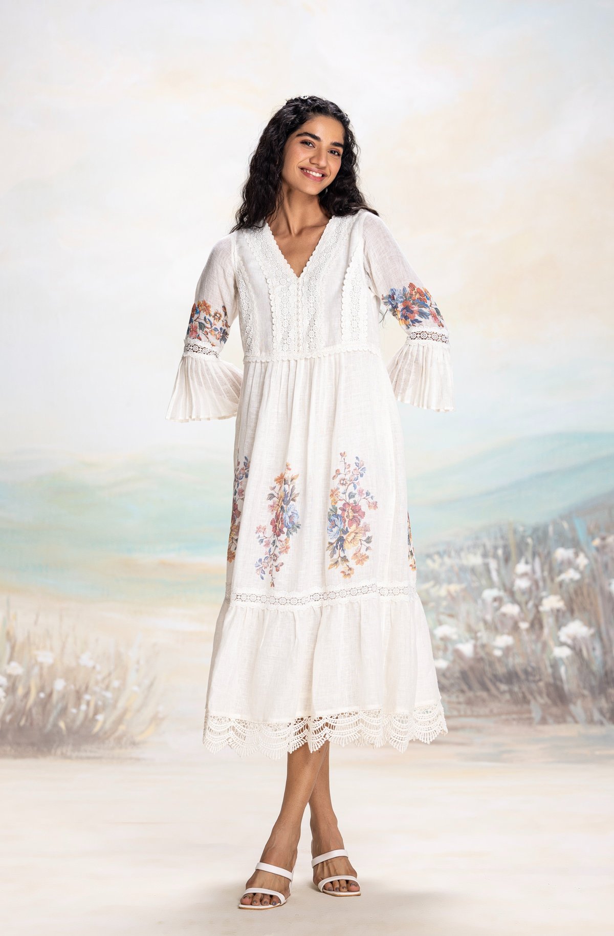Swan White Linen Tiered Fit and Flare Midi Dress