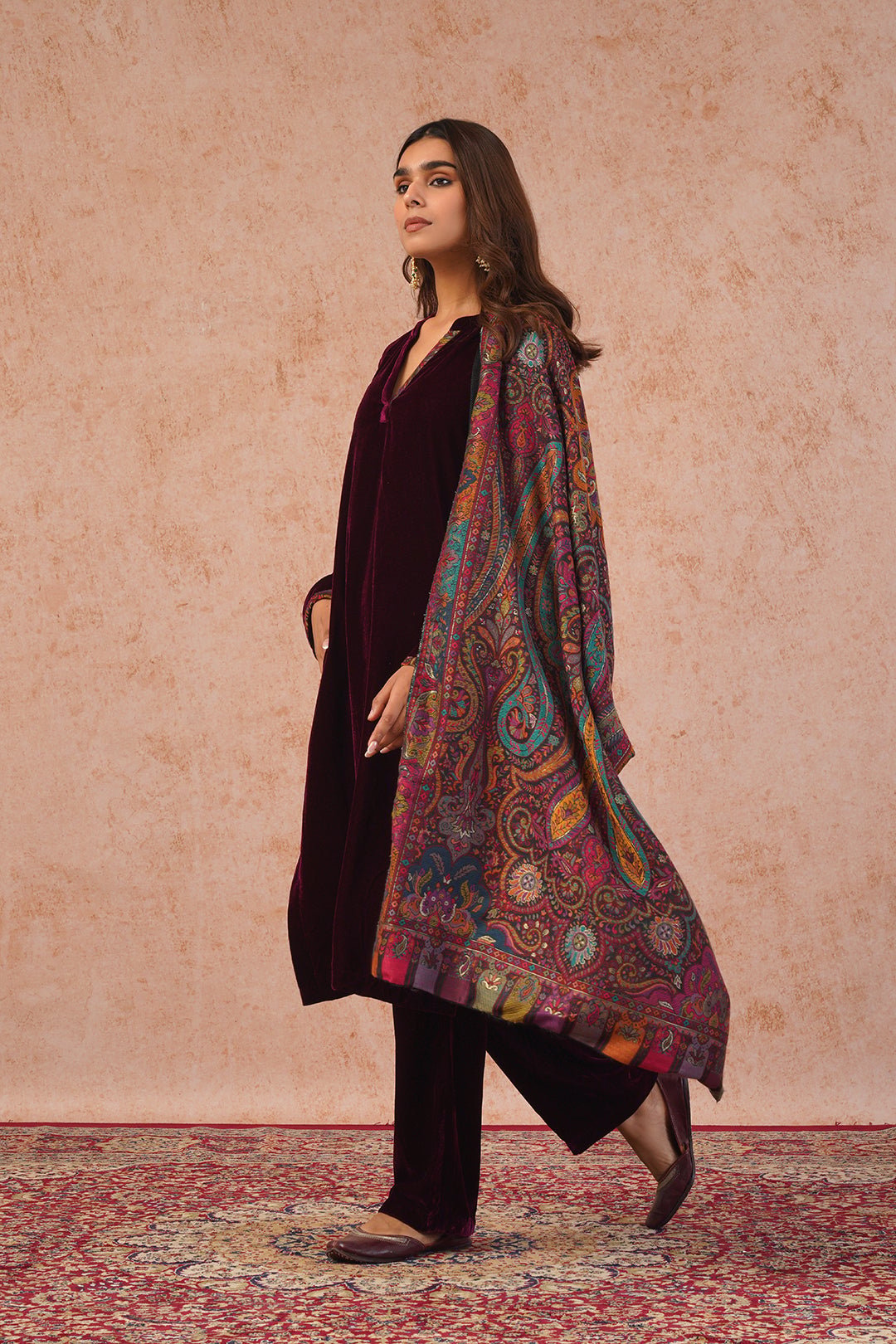 Wine Velvet Straight Kurta Set with Woven Dupatta