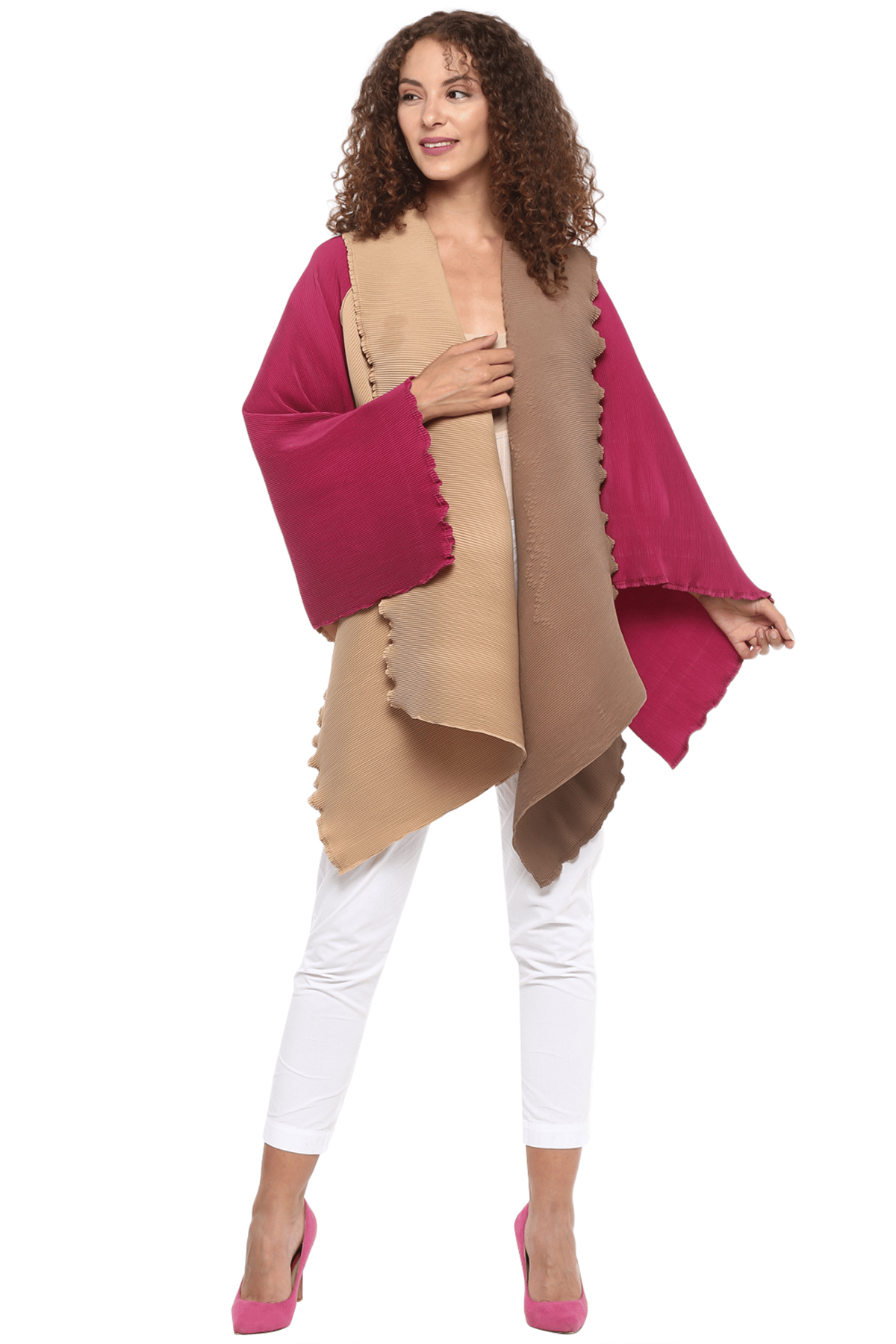 Pink Colorblocked Pleated Cape Overlay Wrap