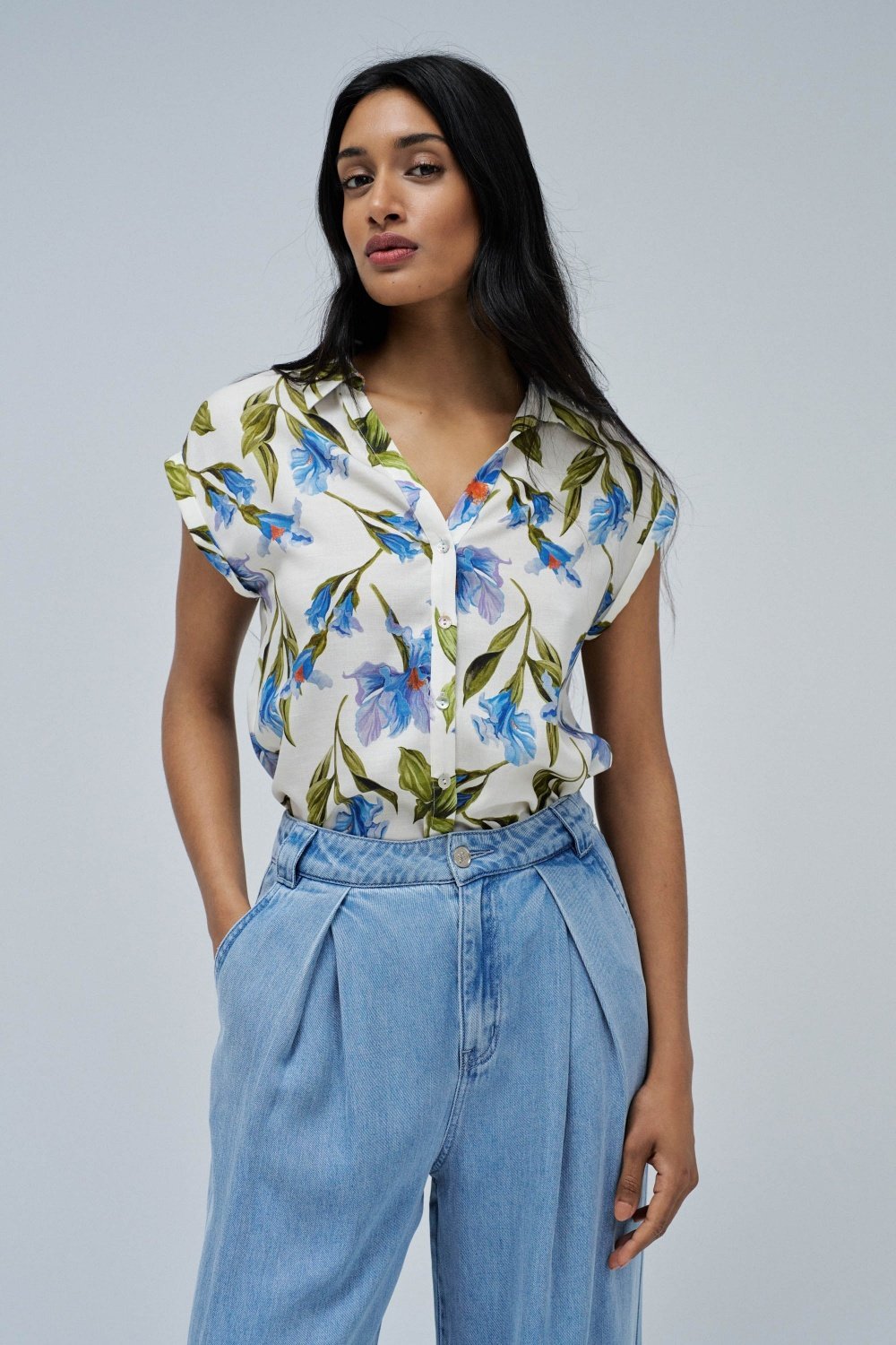 Off-White Blue Floral Printed Collared Shirt