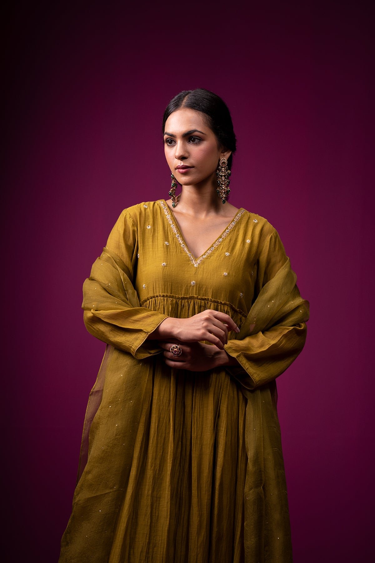 Olive Green Silk Chanderi Embroidered Kurta Set