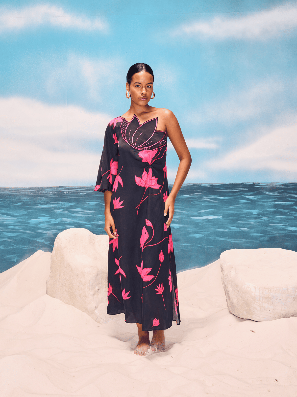 Black One-Shoulder Lotus Print Satin Maxi Dress