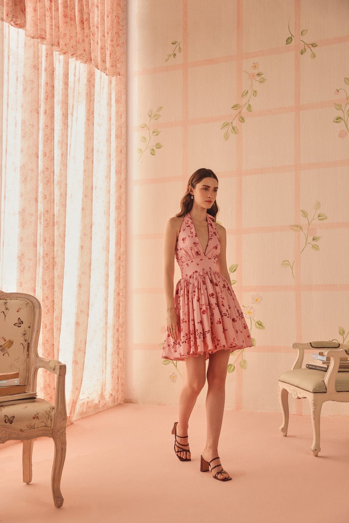 Pink Burgundy Floral Halter Fit and Flare Mini Dress
