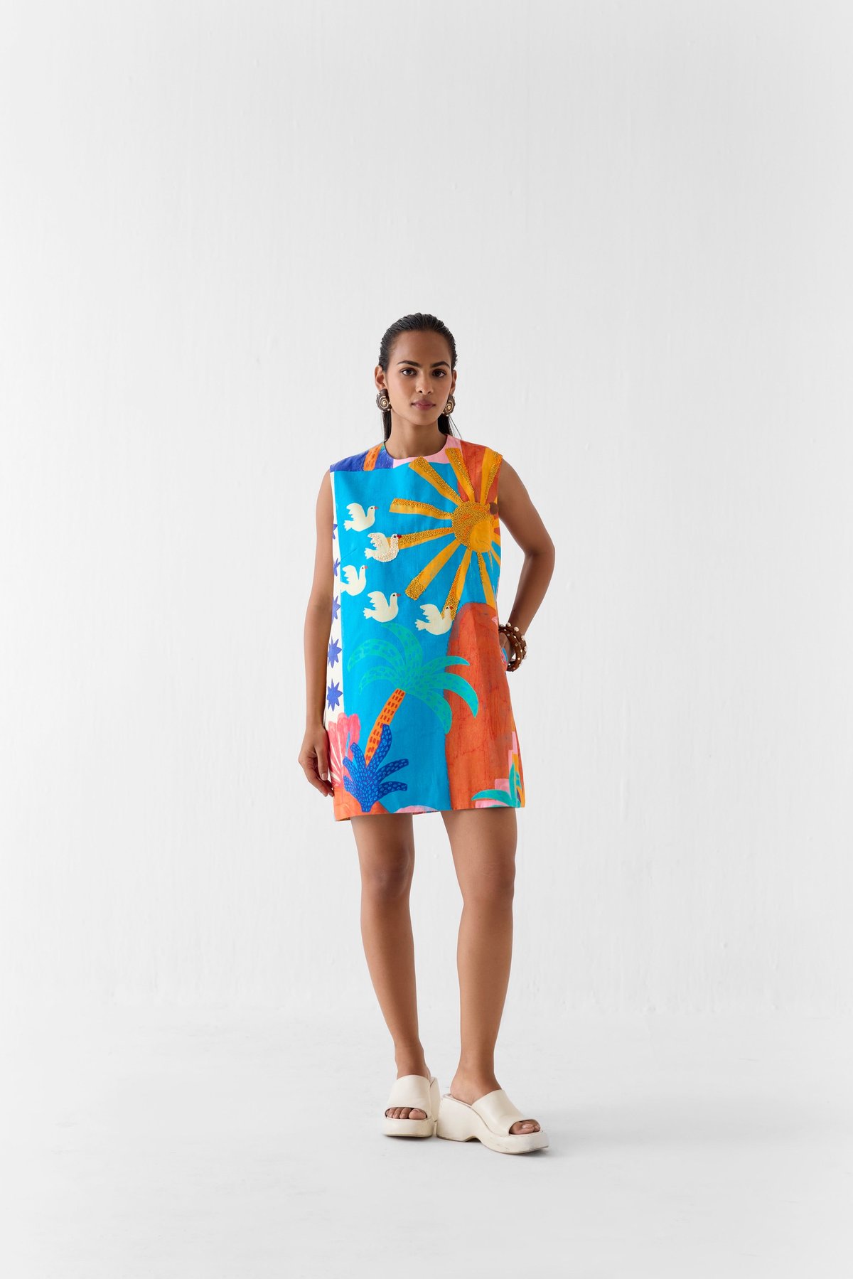 Multicolor Printed Cotton Slub Mini Shift Dress