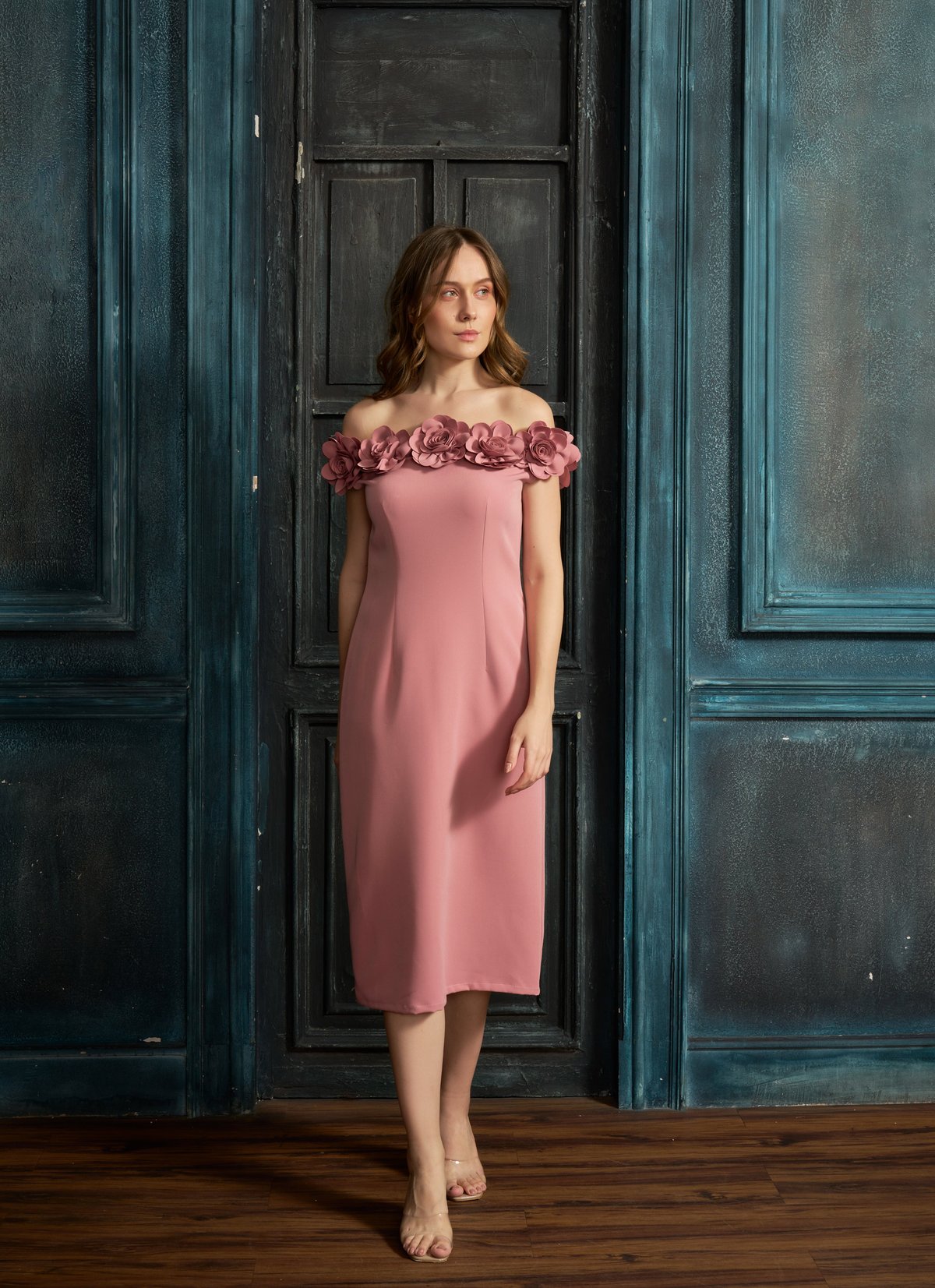 3D Rose Off-Shoulder Midi Dress