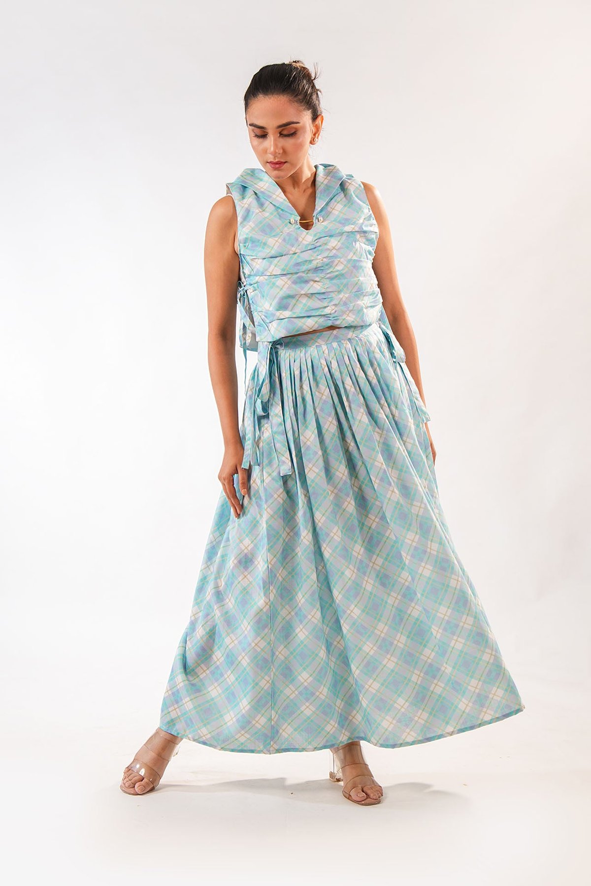 Blue Pastel Plaid Cowl Neck Top and Maxi Skirt Co-ord Set