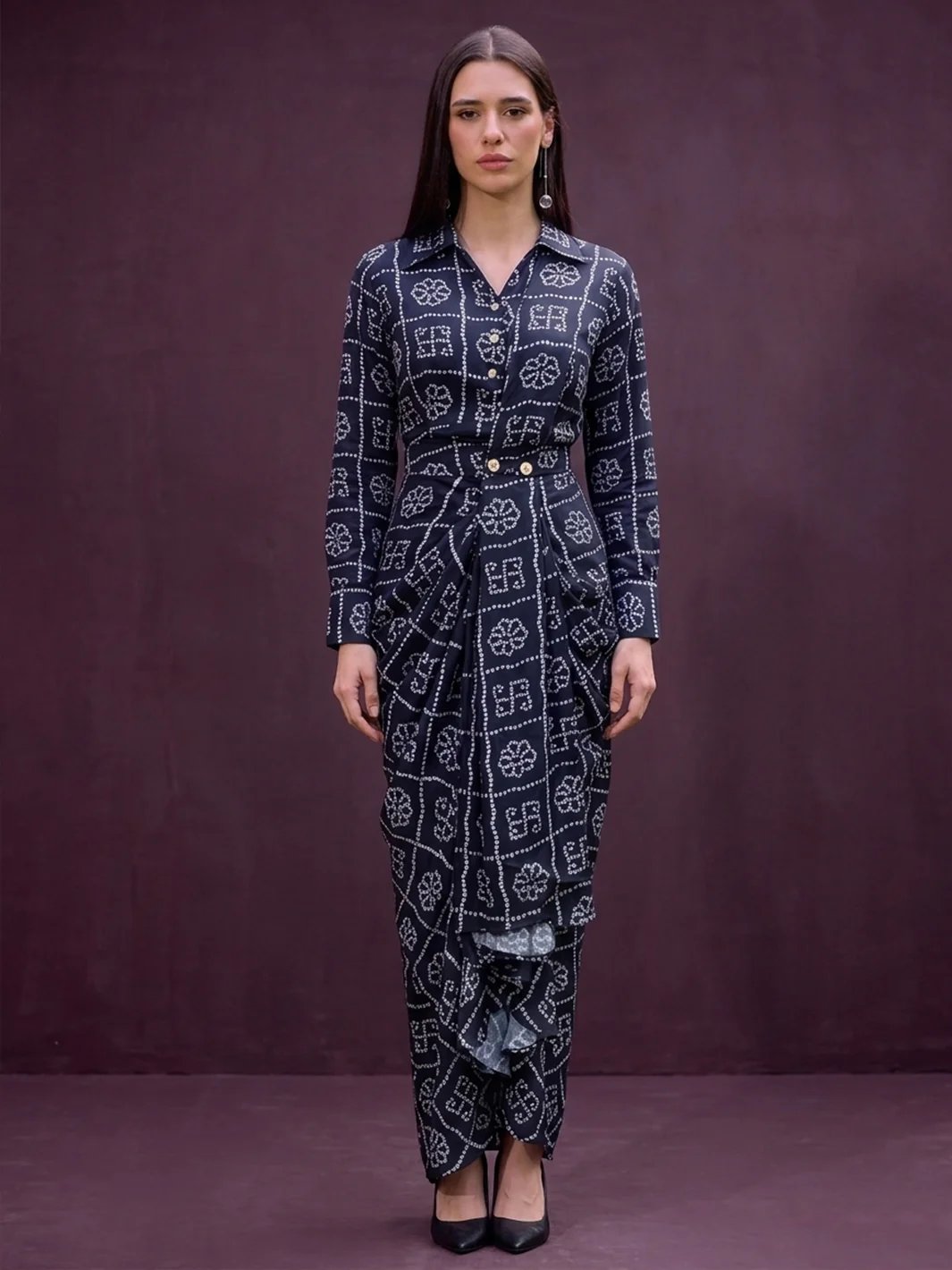 Black Geometric Printed Satin Saree with Blouse Piece