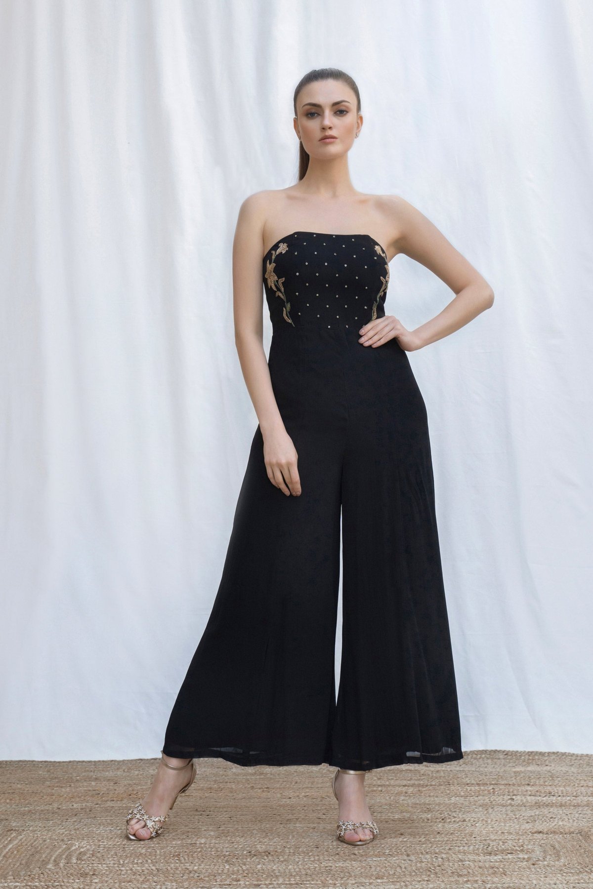 Black Strapless Beaded Tube Wide-Leg Jumpsuit