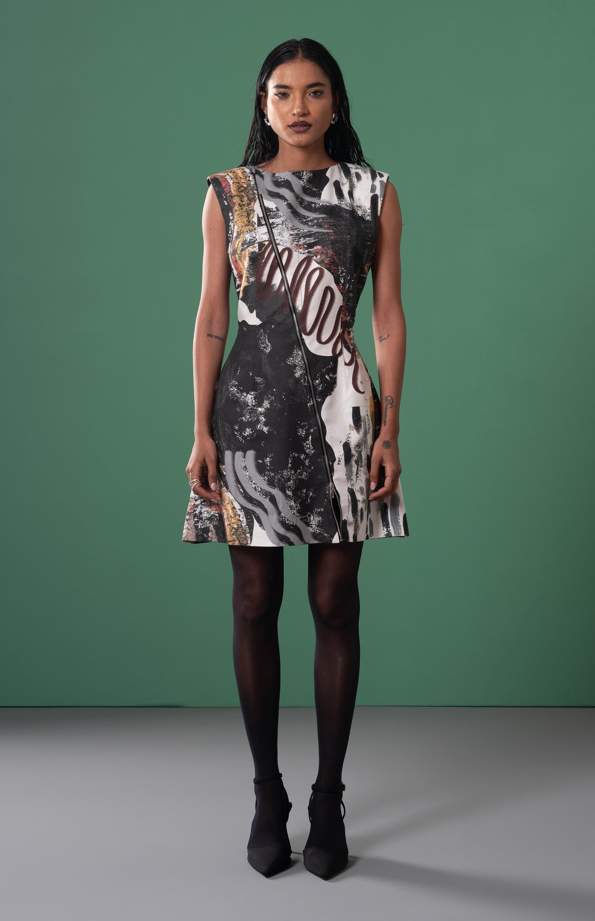 Abstract Print Zip-Front Knee-Length Dress