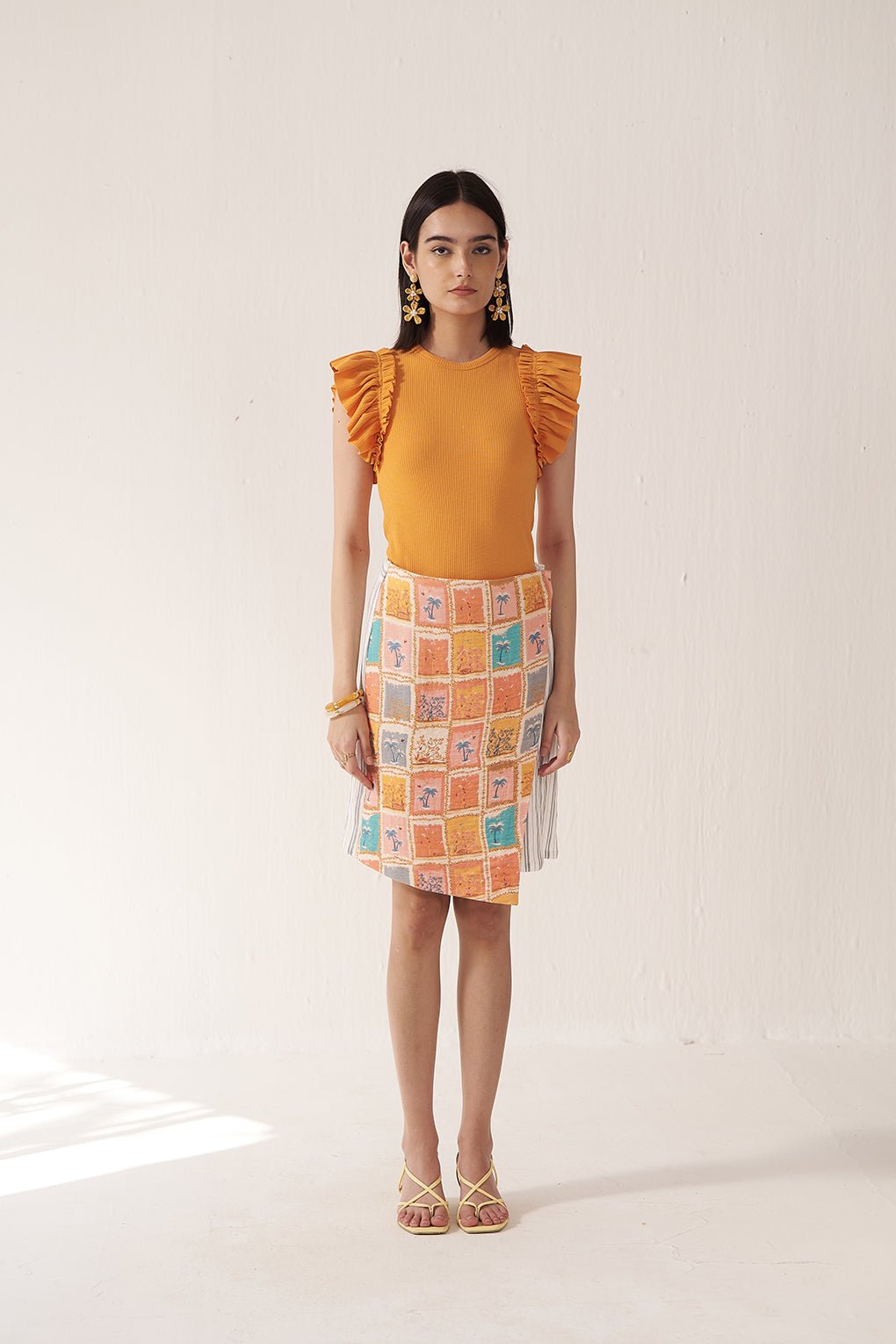 Camel Ruffle-Shoulder Top and Patchwork Skirt Co-ord Set