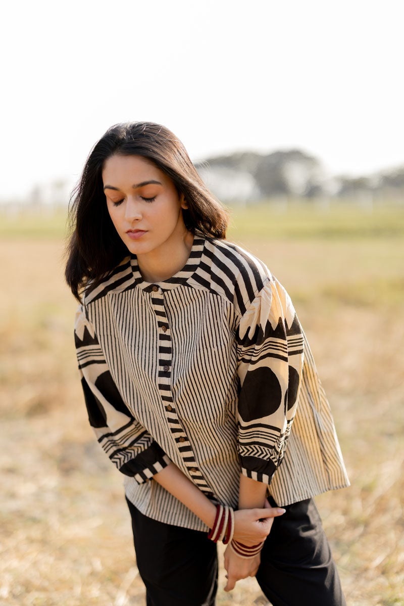 Black and Off-White Block Print Cotton Button-Down Top