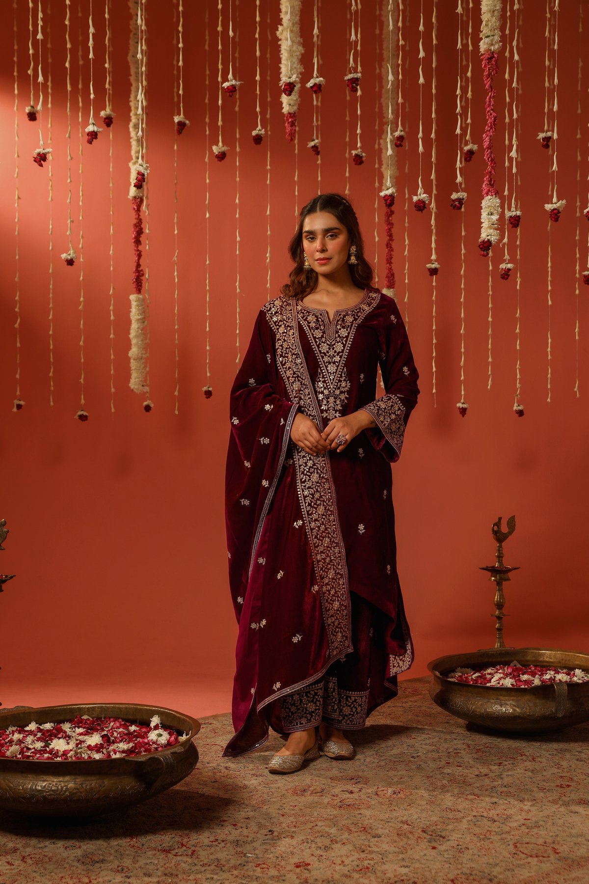 Maroon Velvet Straight Suit Set with Zari Embroidery