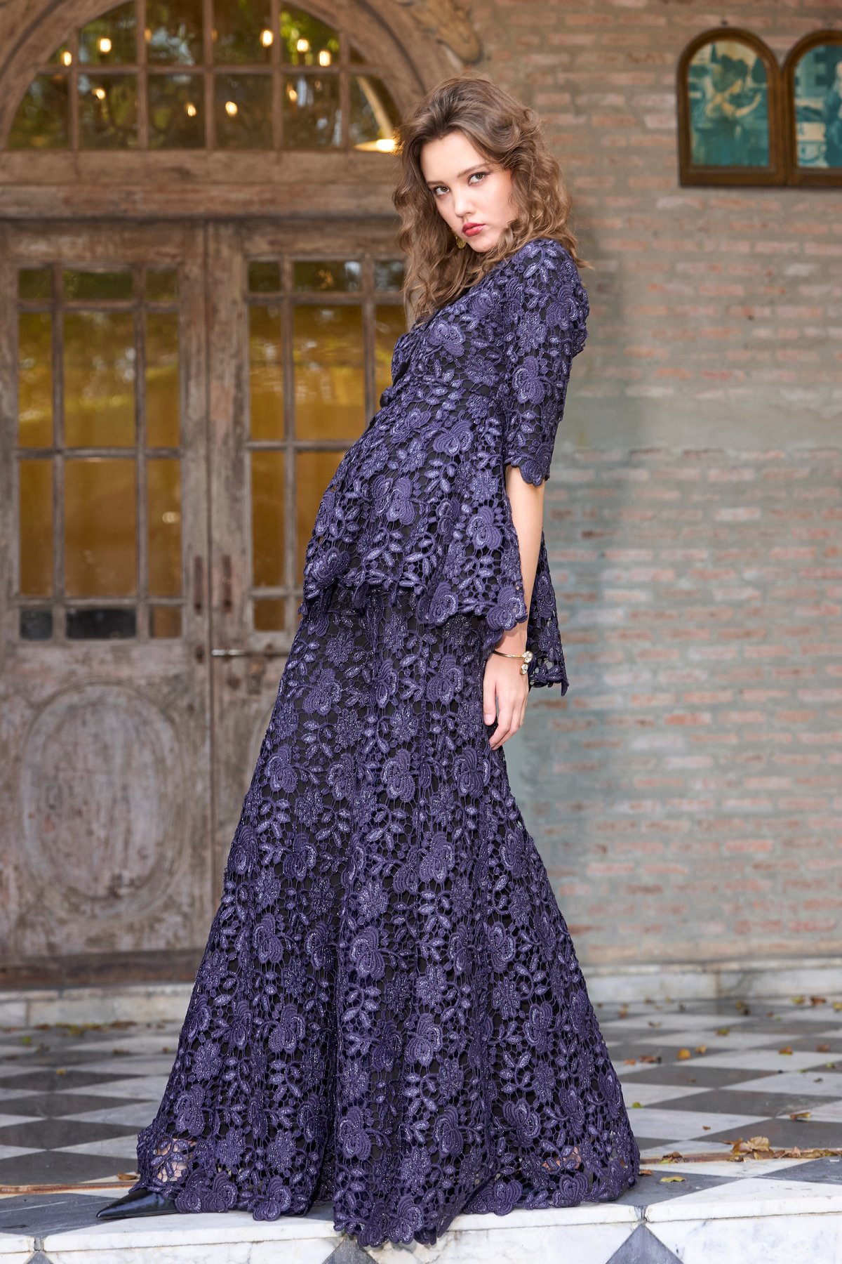 Navy Lace Peplum Top and Flared Pant Co-ord Set