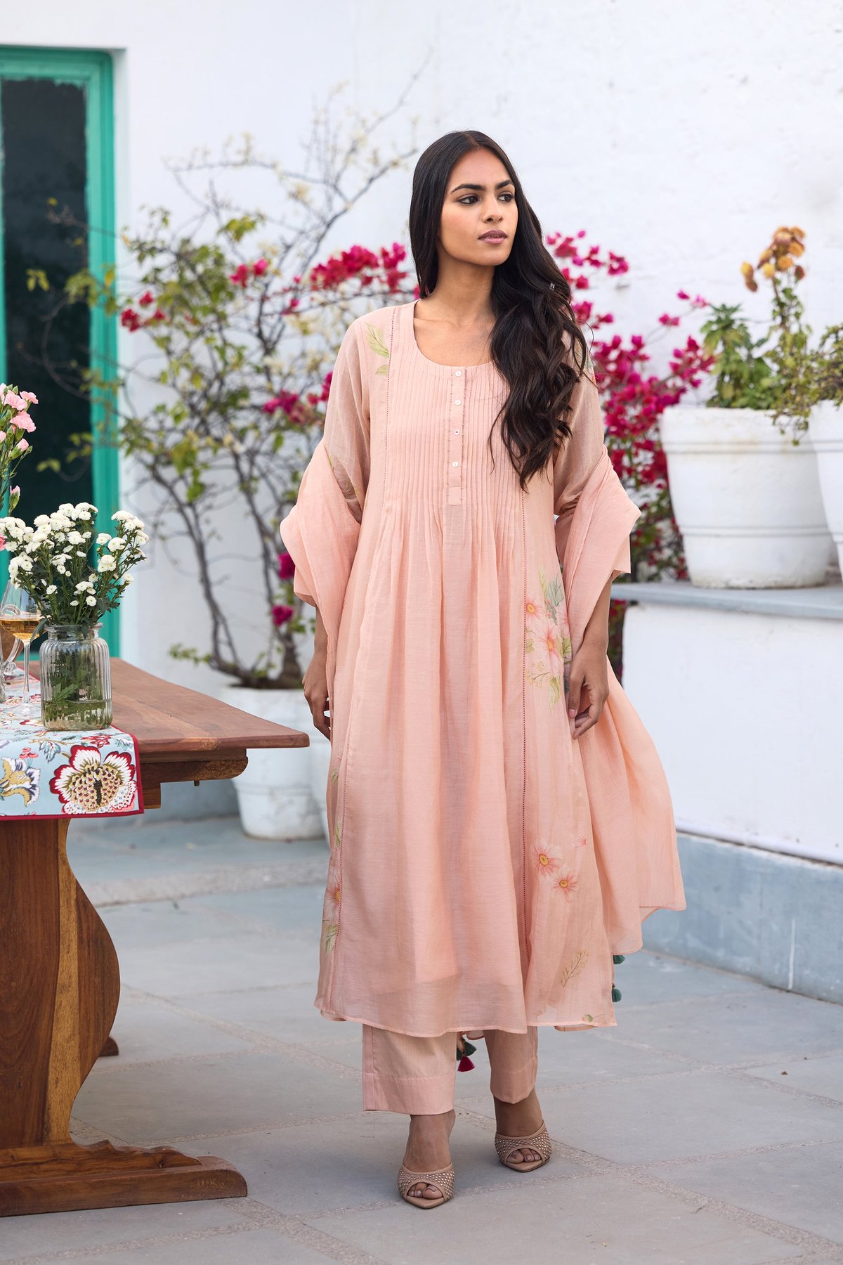 Peach Hand-Painted Floral Chanderi Kurta Set