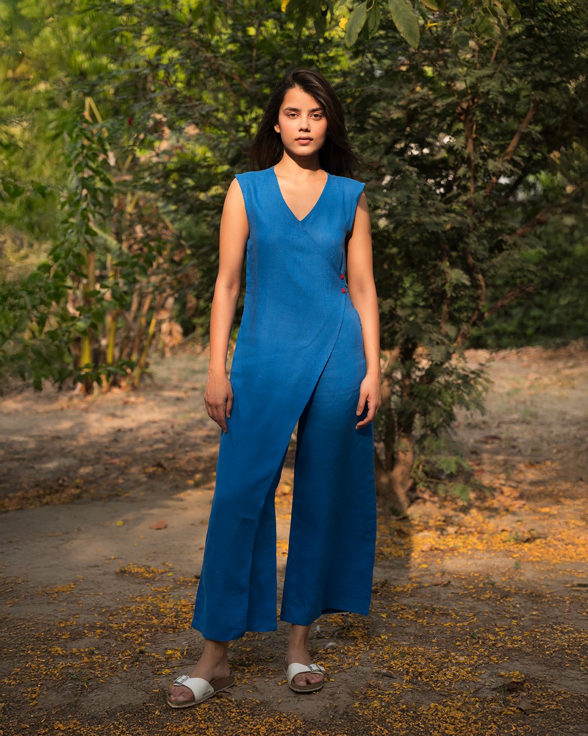 Blue Linen Wrap-Front Wide-Leg Jumpsuit