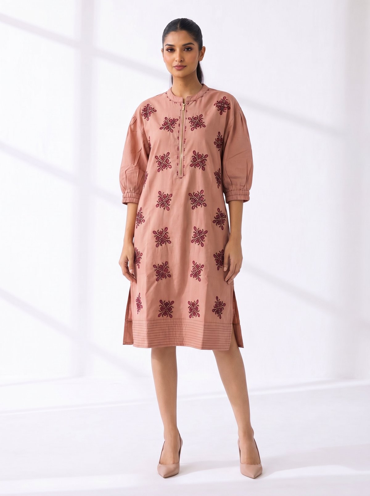 Peach Embroidered Straight Midi Dress with Mandarin Collar