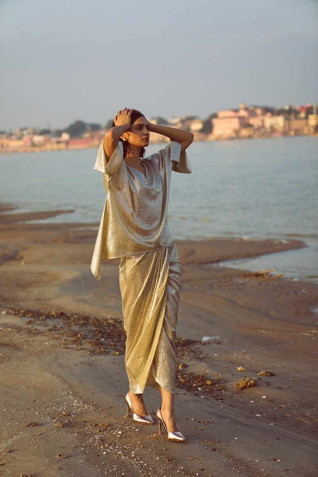 Champagne Shimmer Wrap Maxi Skirt