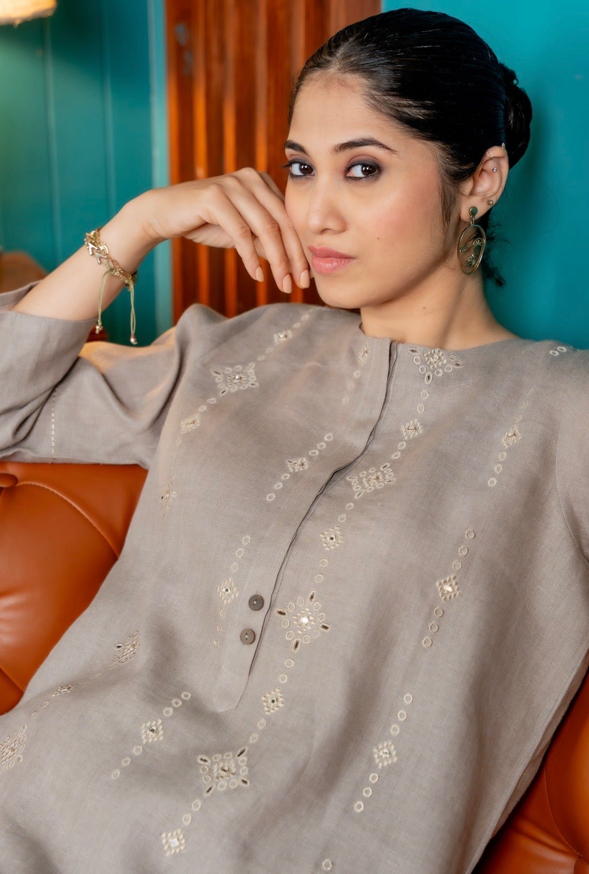 Fossil Grey Linen Kurta Set with Tonal Embroidery
