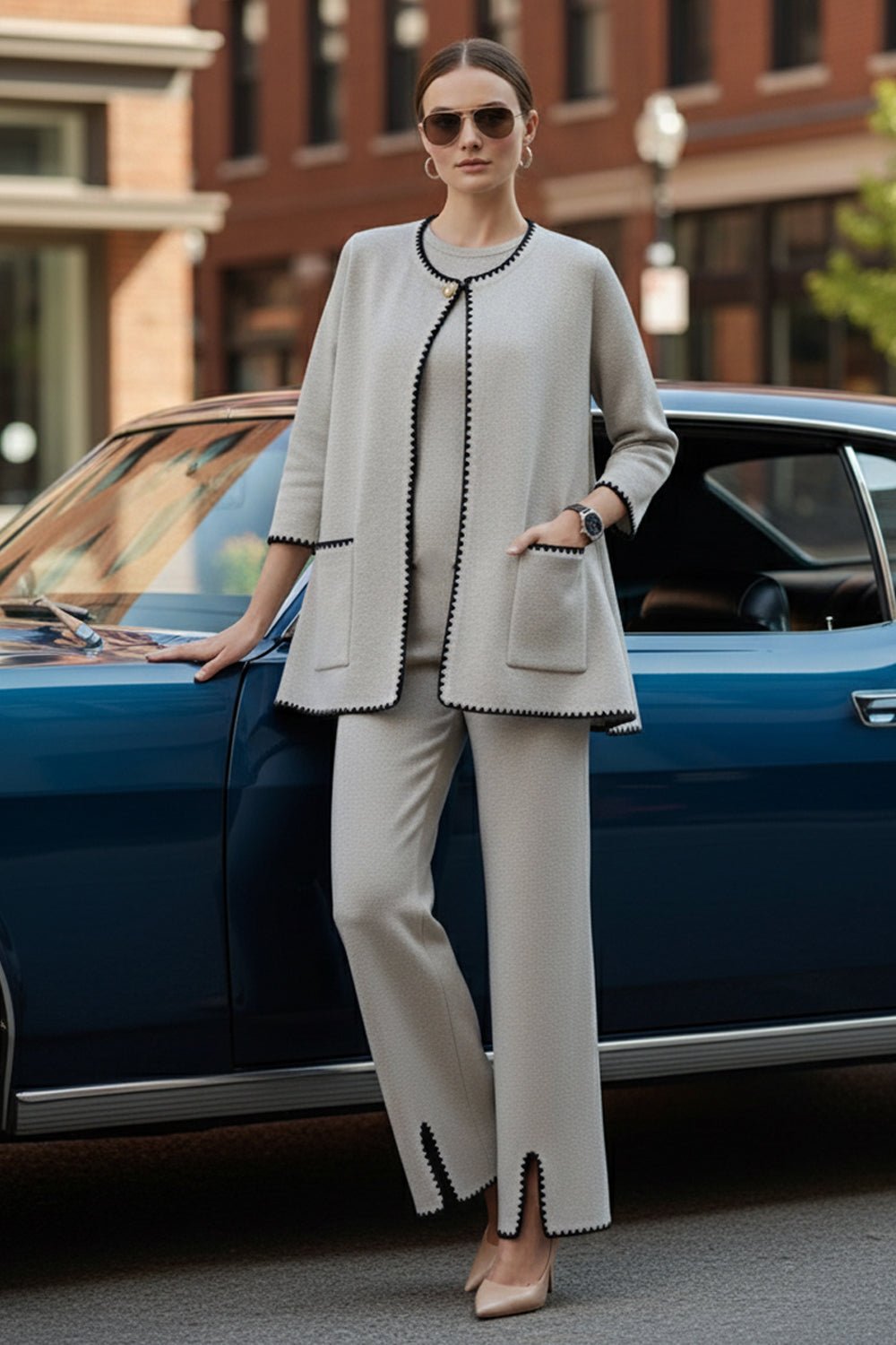Beige Wool Knit Co-ord Set with Contrast Trim