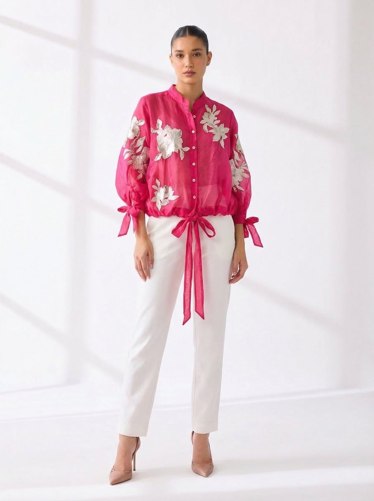 Pink Sheer Organza Embroidered Bomber Jacket