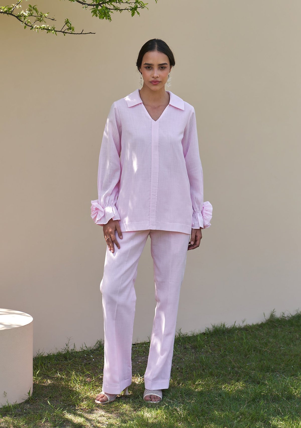 Baby Pink Cotton Linen Co-ord Set with Floral Cuff Detail