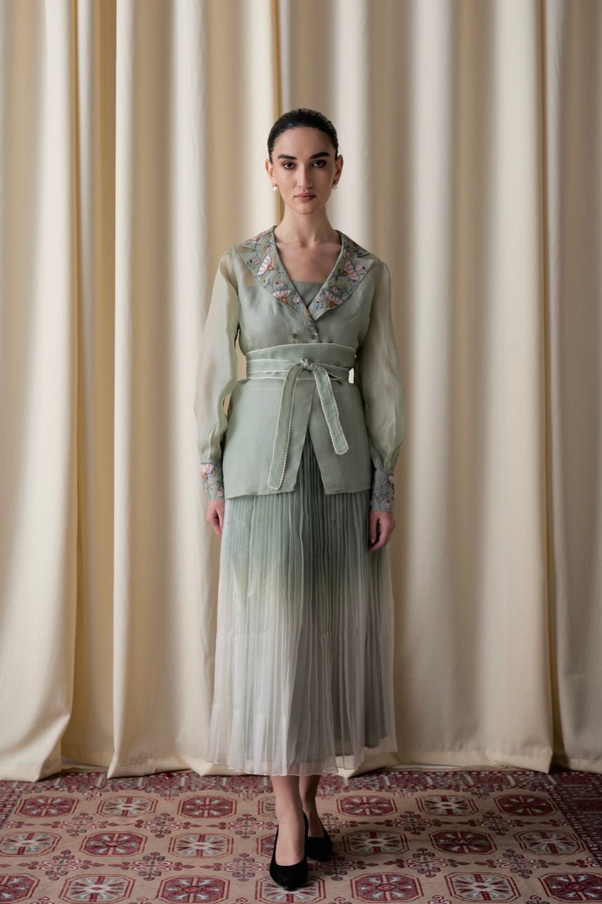 Green Organza Jacket, Bustier and Pleated Midi Skirt Co-ord Set