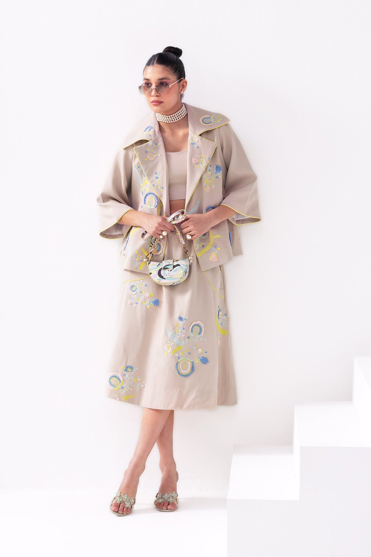 Ecru Oversized Embroidered Jacket with Contrast Piping